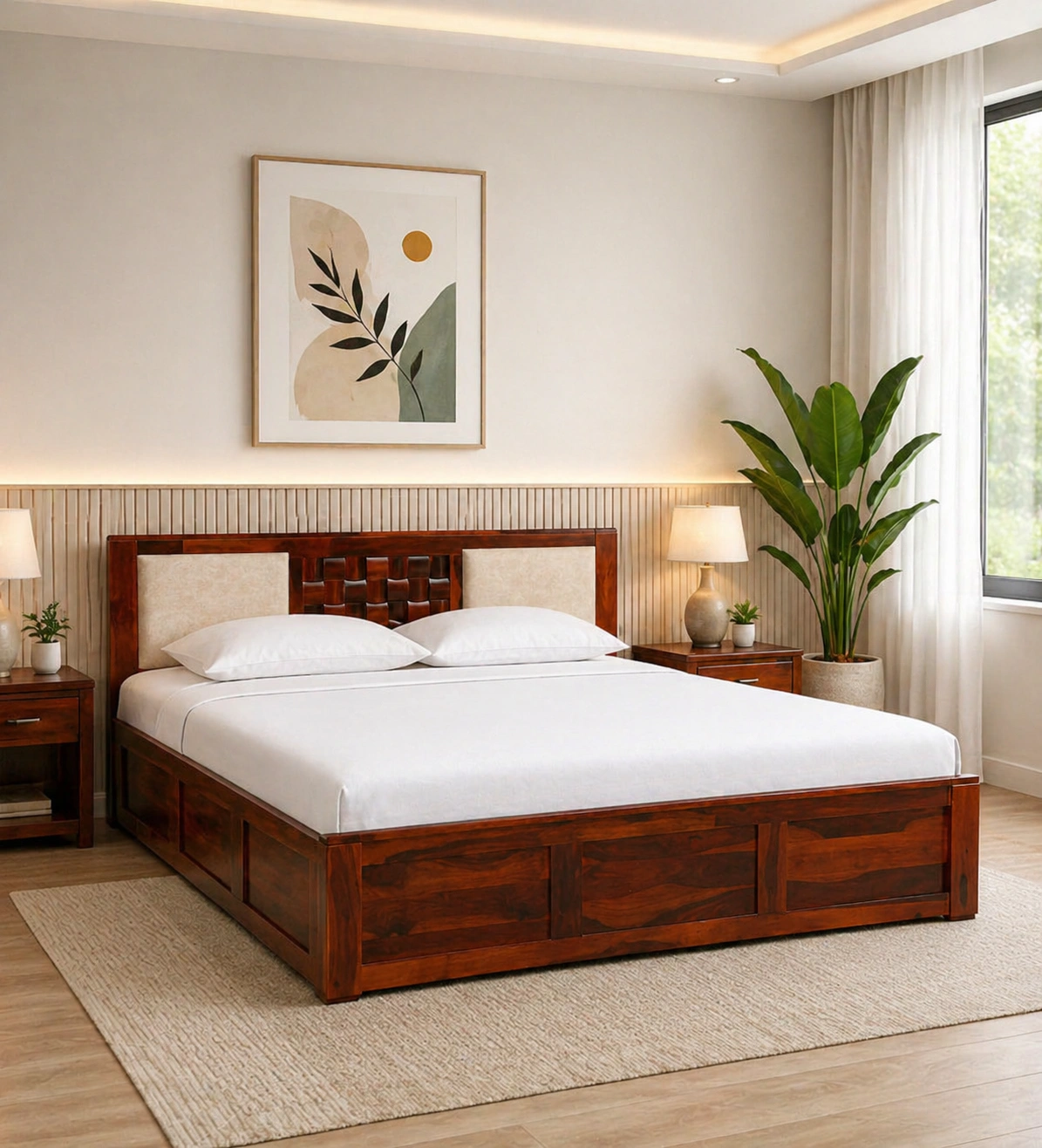 Modern sheesham wood king size bed with storage and elegant headboard design india