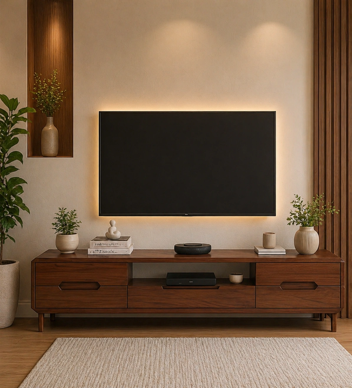 Luxury Walnut Finish TV Unit with Backlit Panel Design