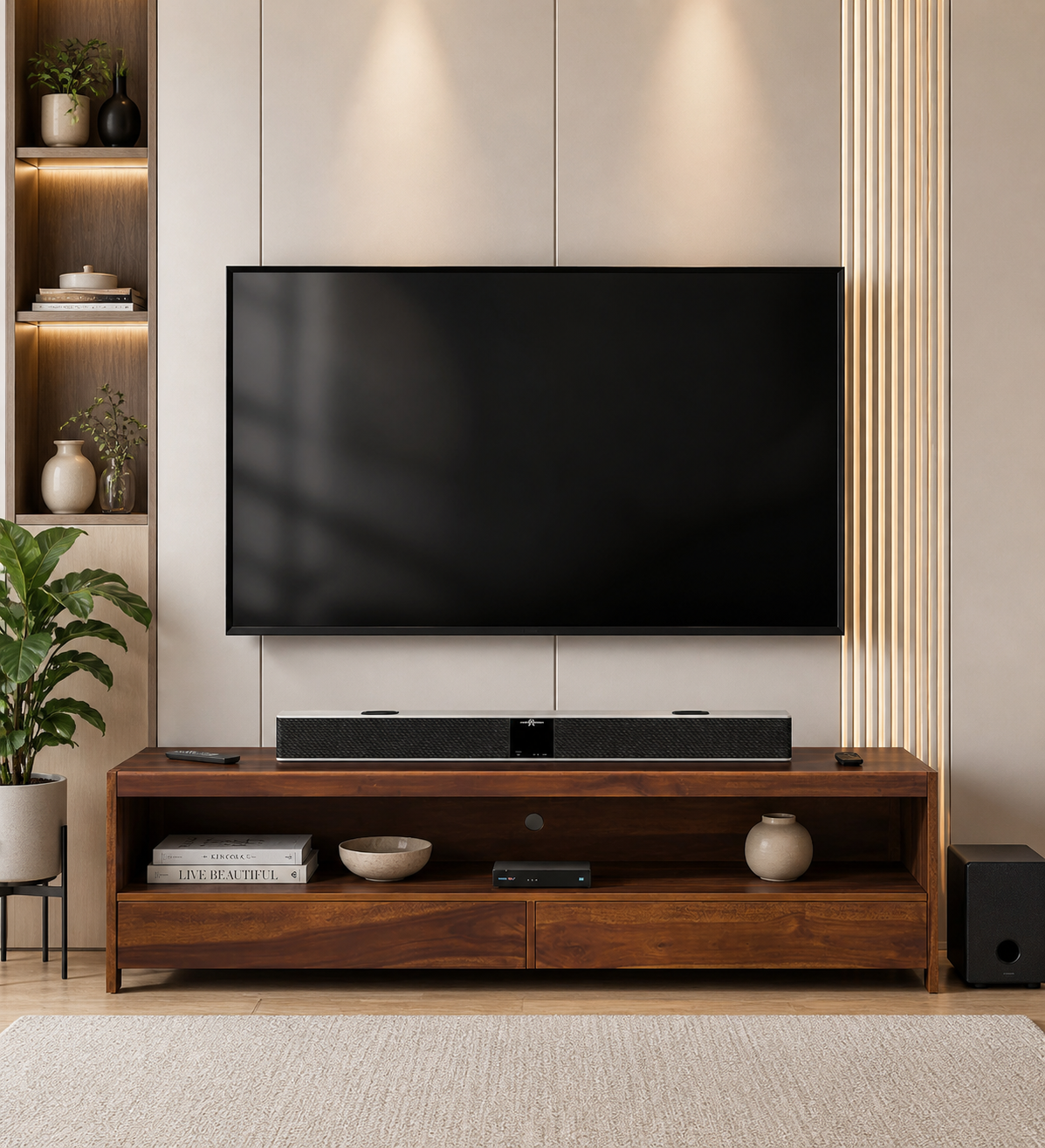 Minimalist Sheesham Wood TV Console with Open Shelf