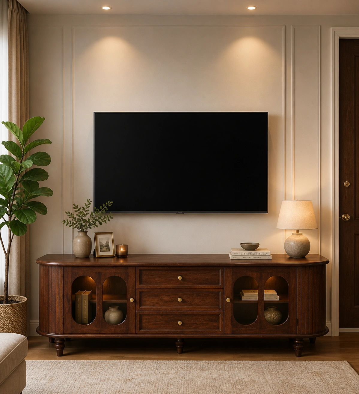 Minimalist walnut finish tv unit with storage for large screen tv in india