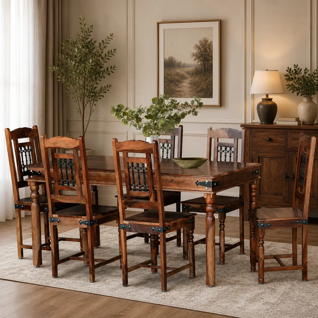 Luxury Solid Sheesham Wood Rustic 6-Seater Dining Table Set with Iron Detailing