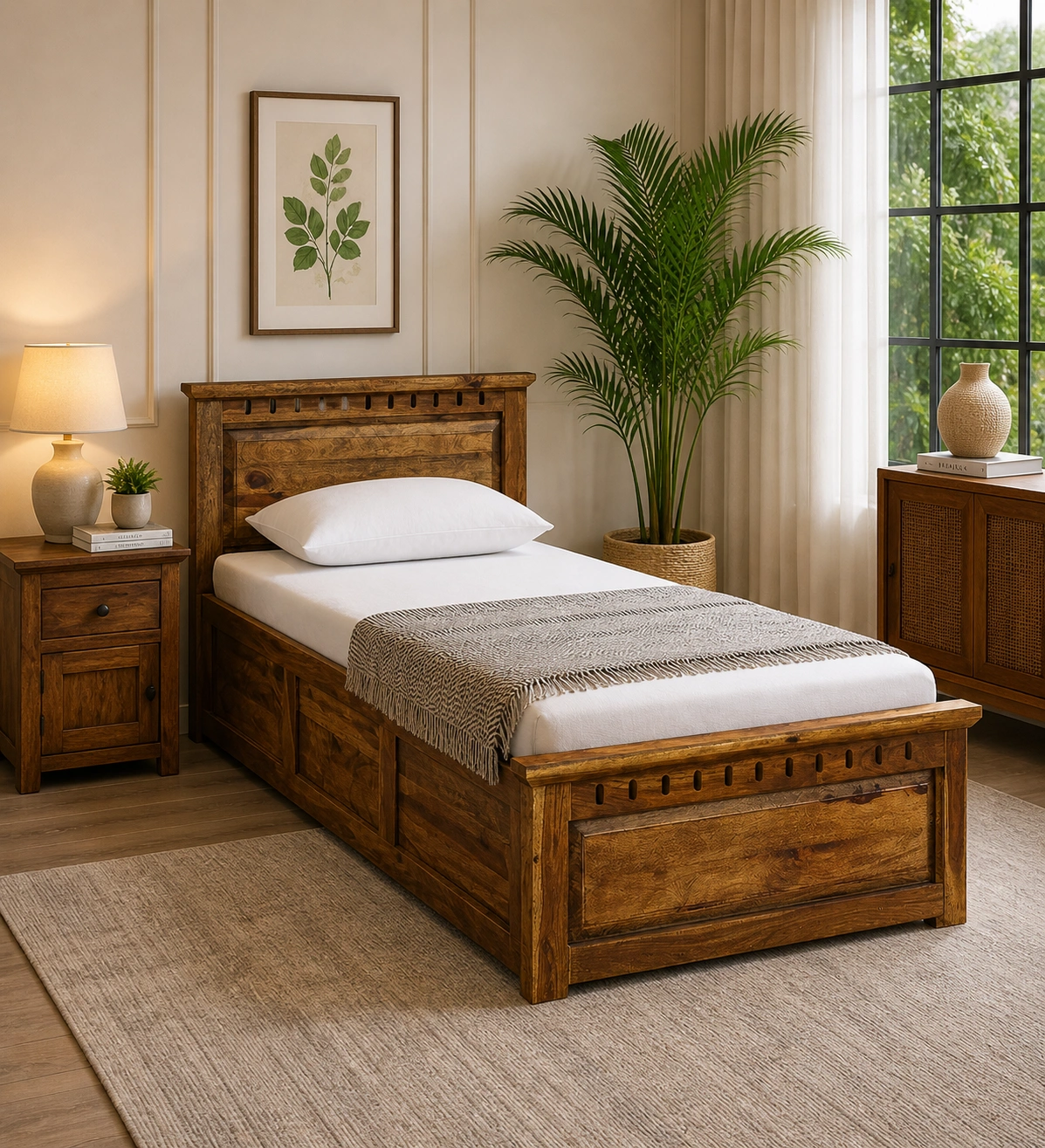 Porixa Solid Wood Single Bed for Home in Warm Walnut Finish