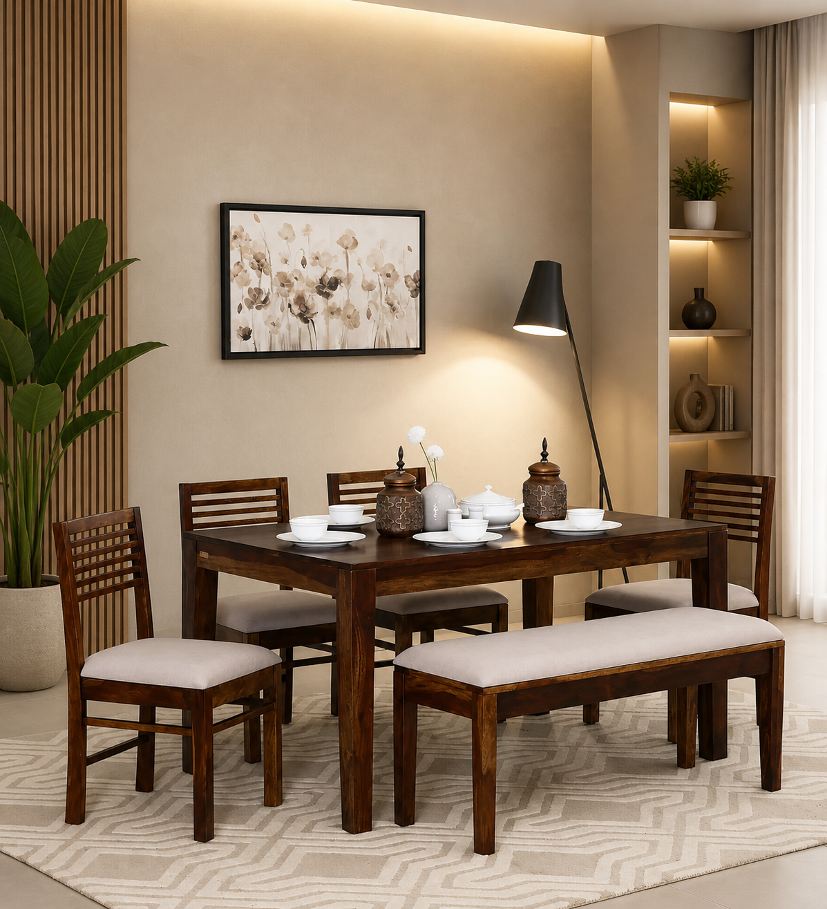 Aelmora Solid Sheesham Wood Dining Table Set for 6 with Bench in Classic Finish