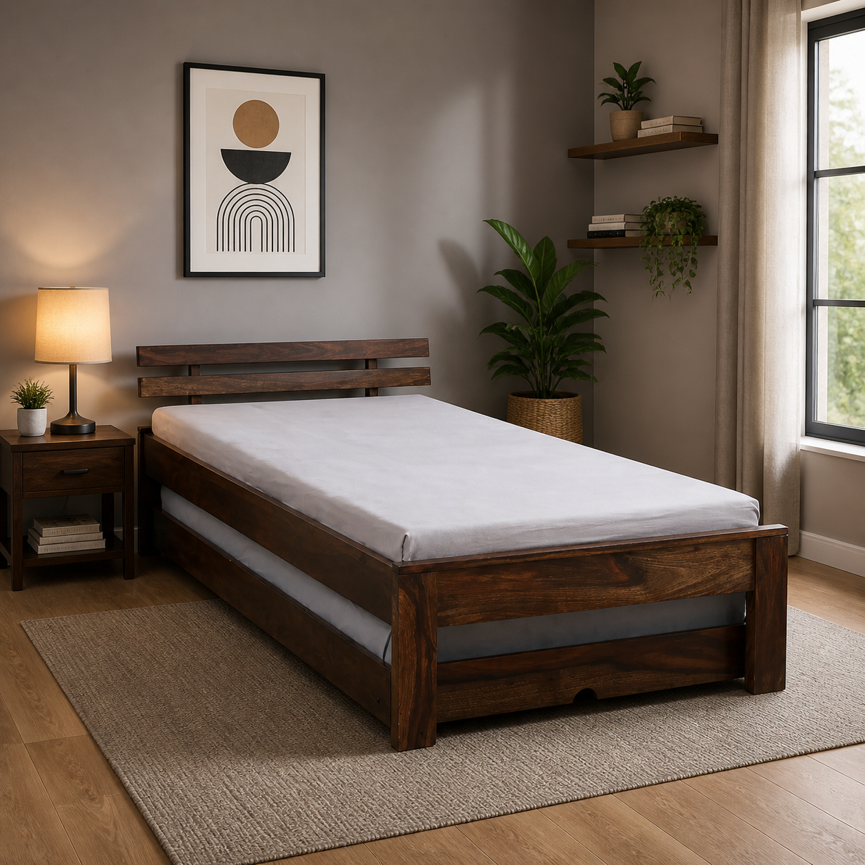 Eosmo Sage Single Bed With Box Storage In Walnut Finish