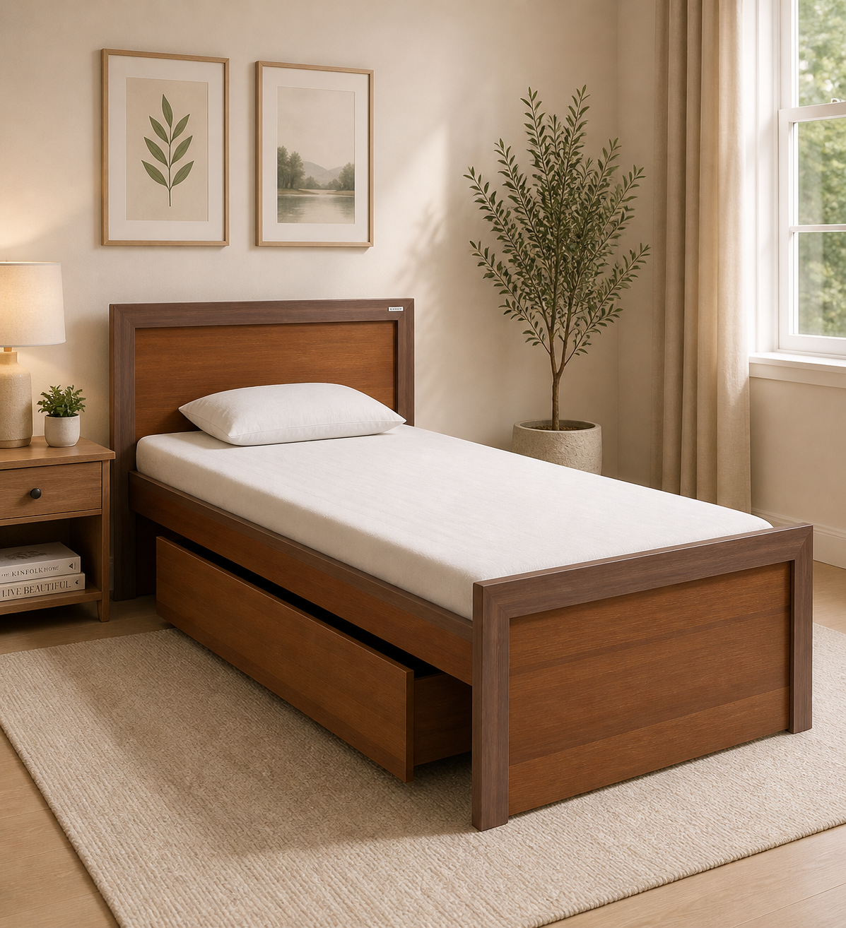 Huren Sheesham Wood Single Bed In Honey Oak Finish With Trundle