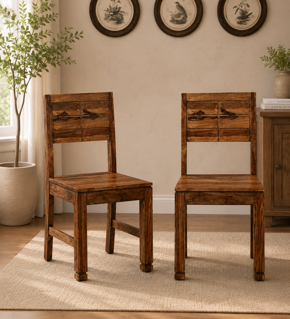 Nain Sheesham Wood Dining Chair In Rustic teak Finish (Set Of 2)