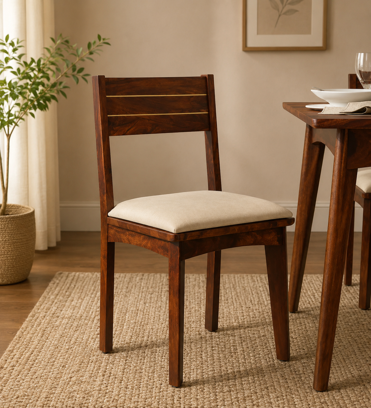 Nain Sheesham Cushioned Dining Chair, Brass Inlay