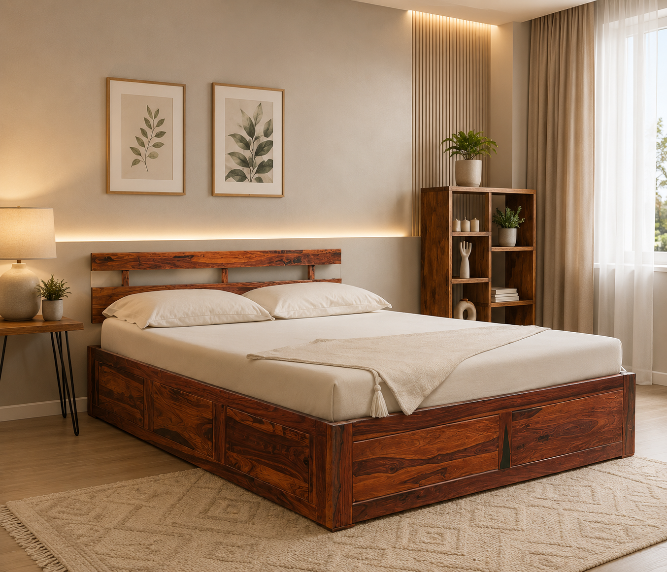 Naple Finish Queen Size Wooden Storage Bed with Modern Minimal Design
