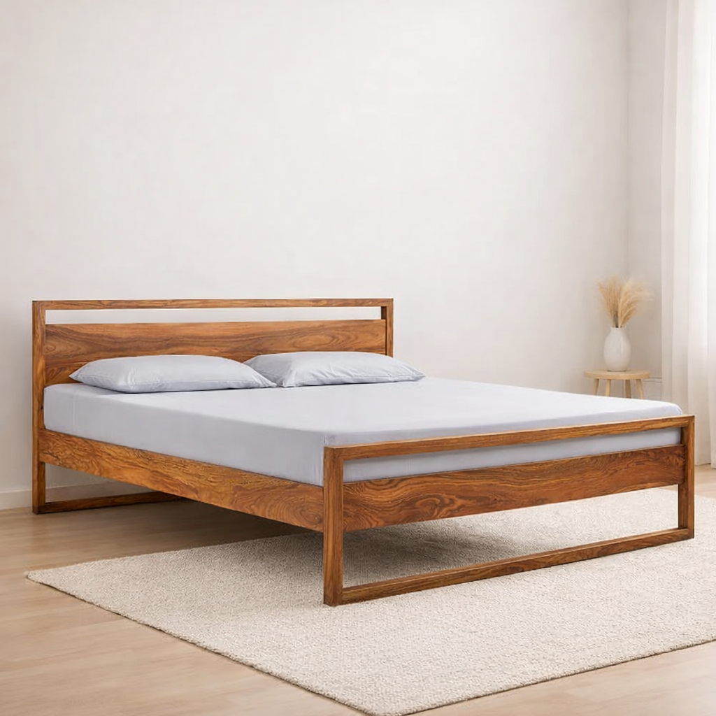 Eephora Solid Sheesham Wood Queen Size Bed with Natural Walnut Finish