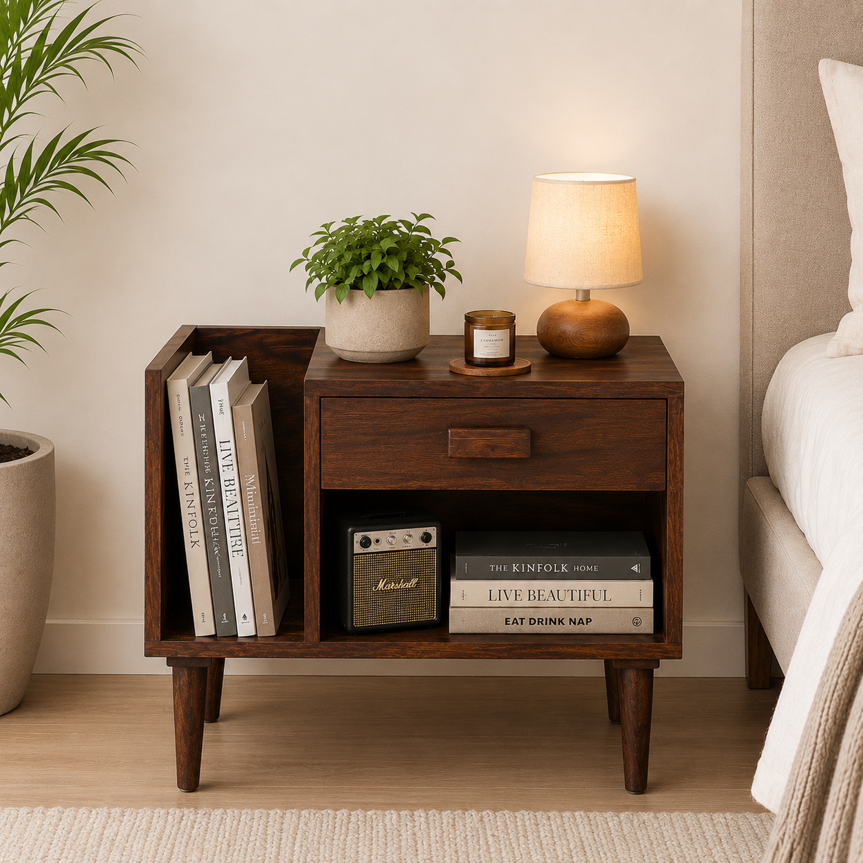 Geritage Carved Solid Wood Nightstand in Teak Finish