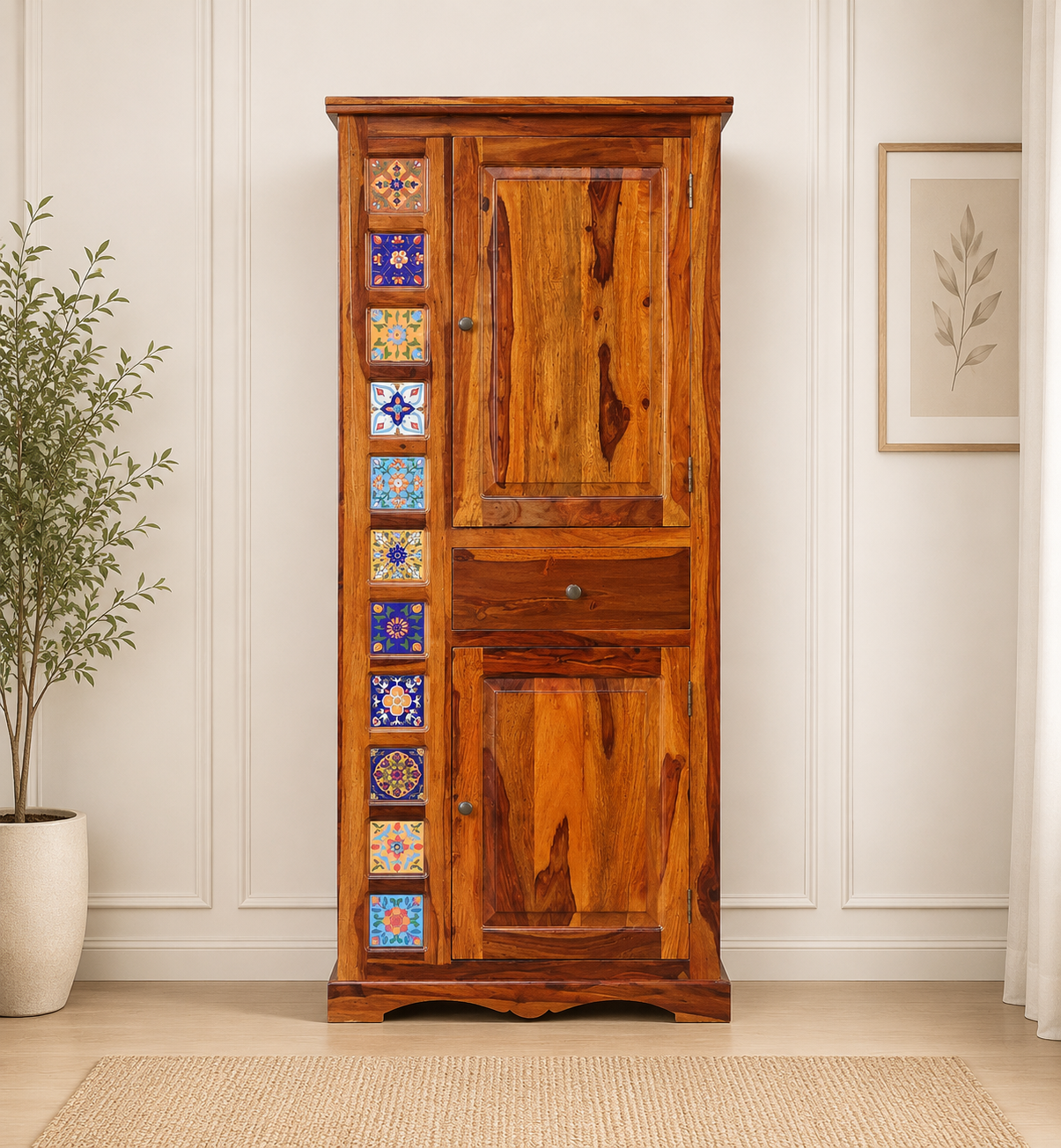 Terona Sheesham Wood 2 Door Wardrobe with Handcrafted Tile Design