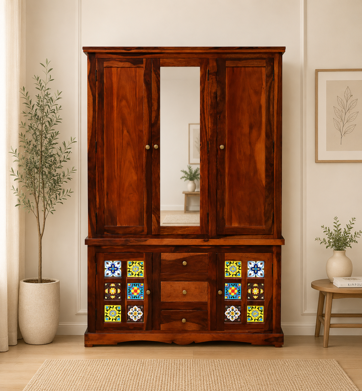 Cyoto Solid Wood Wardrobe with Artistic Tile Detailing