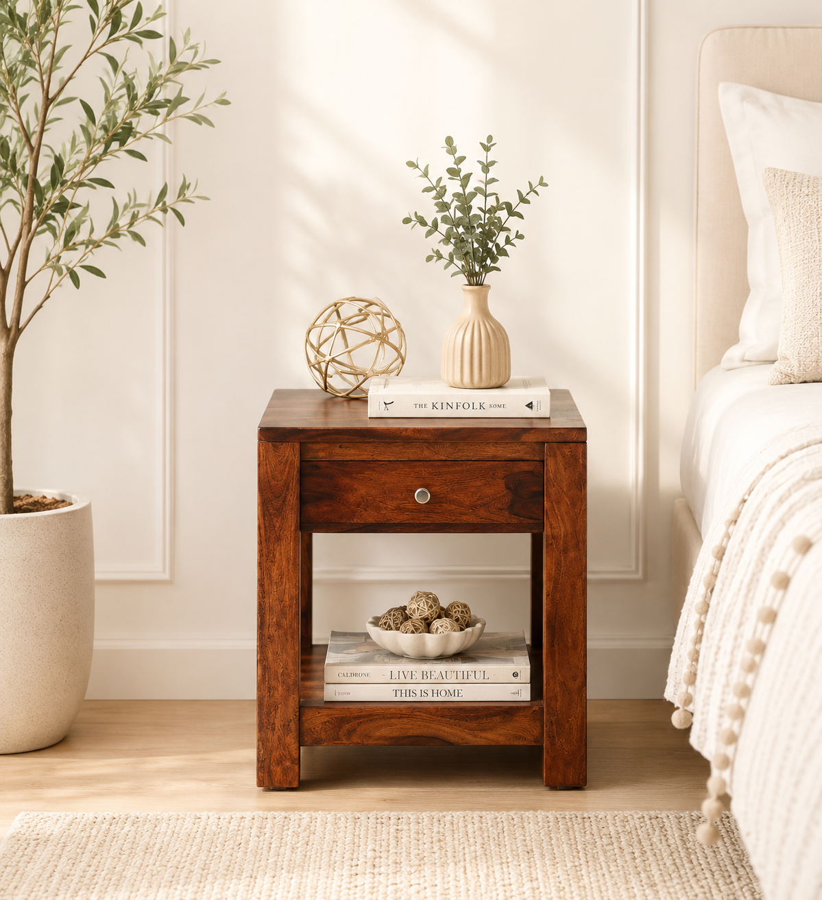 Cerno Solid Wood Bedside Table in Warm Birch Natural Finish
