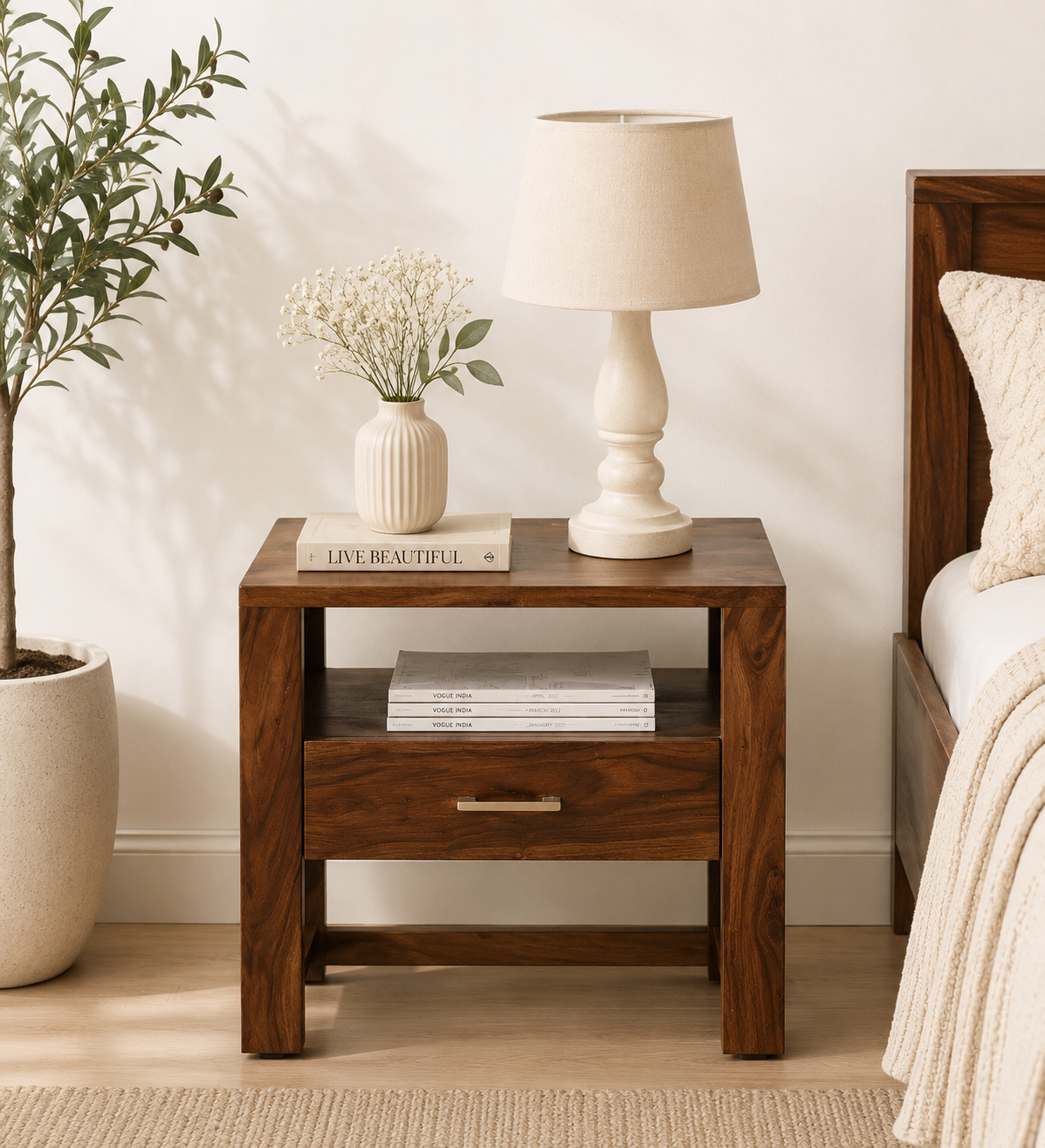 Brynn Mango Wood Bedside Table in Natural Brown Finish