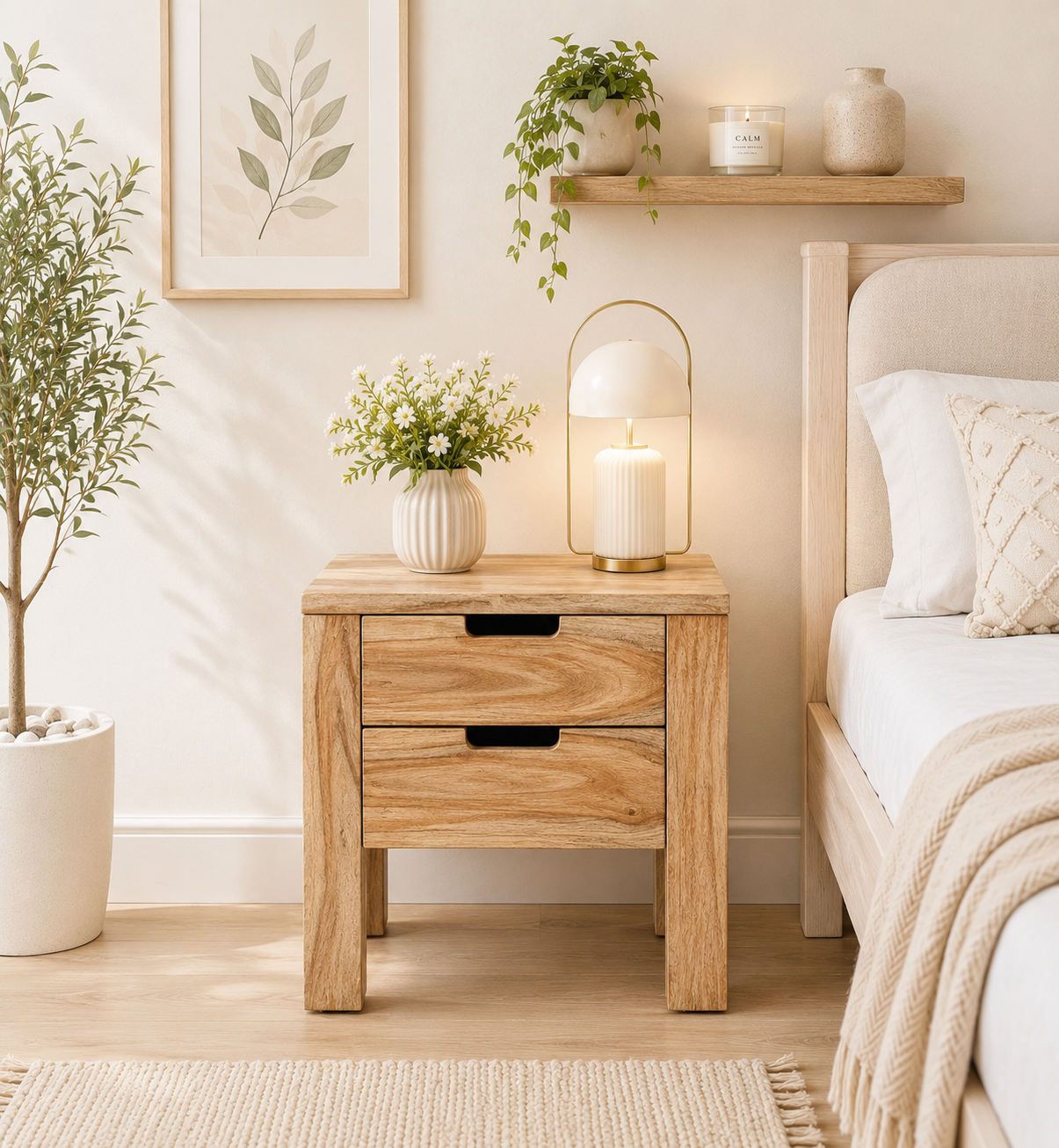 Wolde Acacia Wood Bedside Table in Pale Dusk Natural Finish