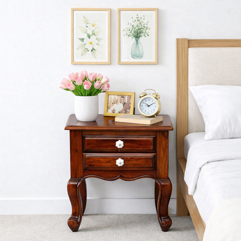 Daven Acacia Wood Nightstand in Golden Pebble Finish with Drawer