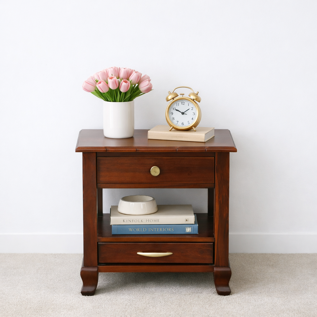 Troven Teak Wood Nightstand in Pale Flint Finish with Cabinet