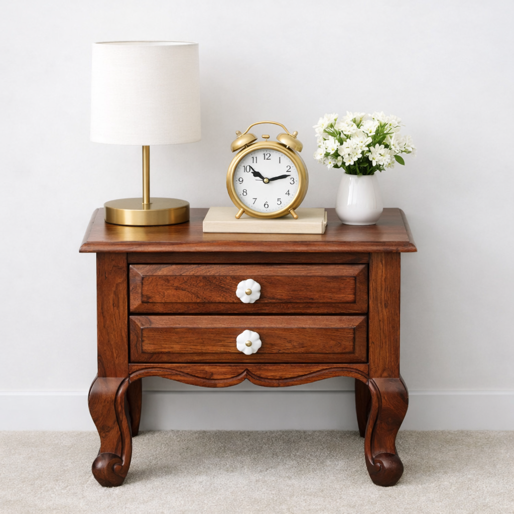 Lurven Sheesham Wood Bedside Table in Smoked Almond Natural Finish