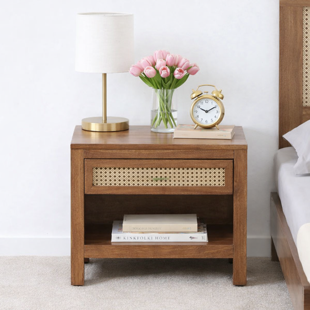 Osvren Solid Wood Nightstand in Bark Amber Finish with Drawer