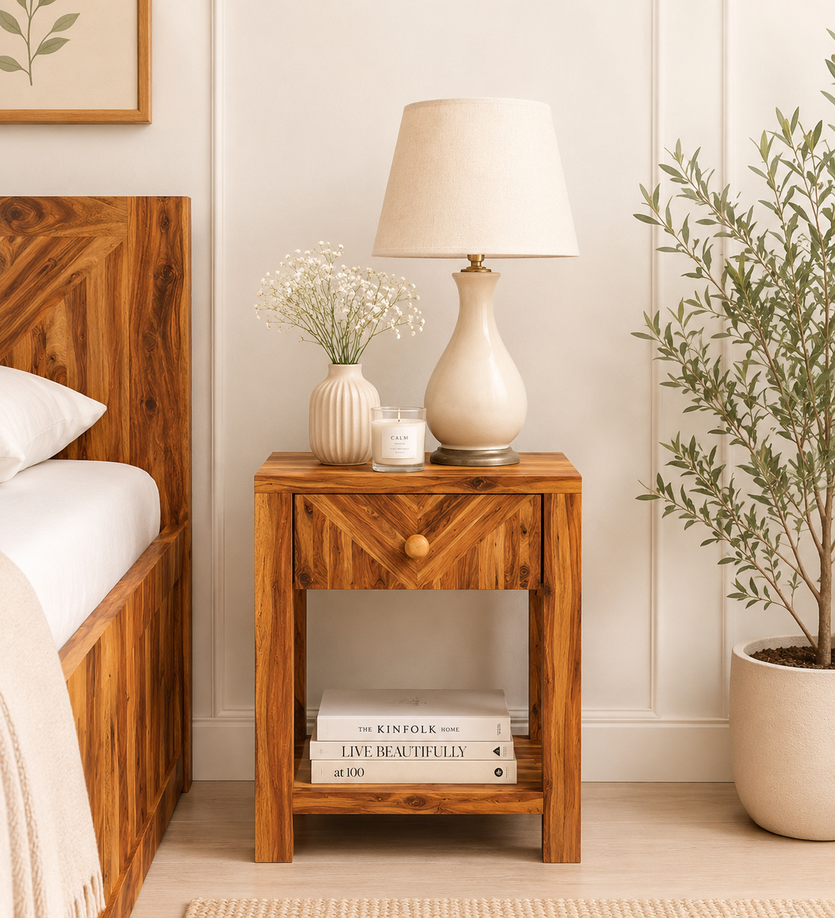 Frevyn Mango Wood Bedside Table in Dusty Hazel Finish