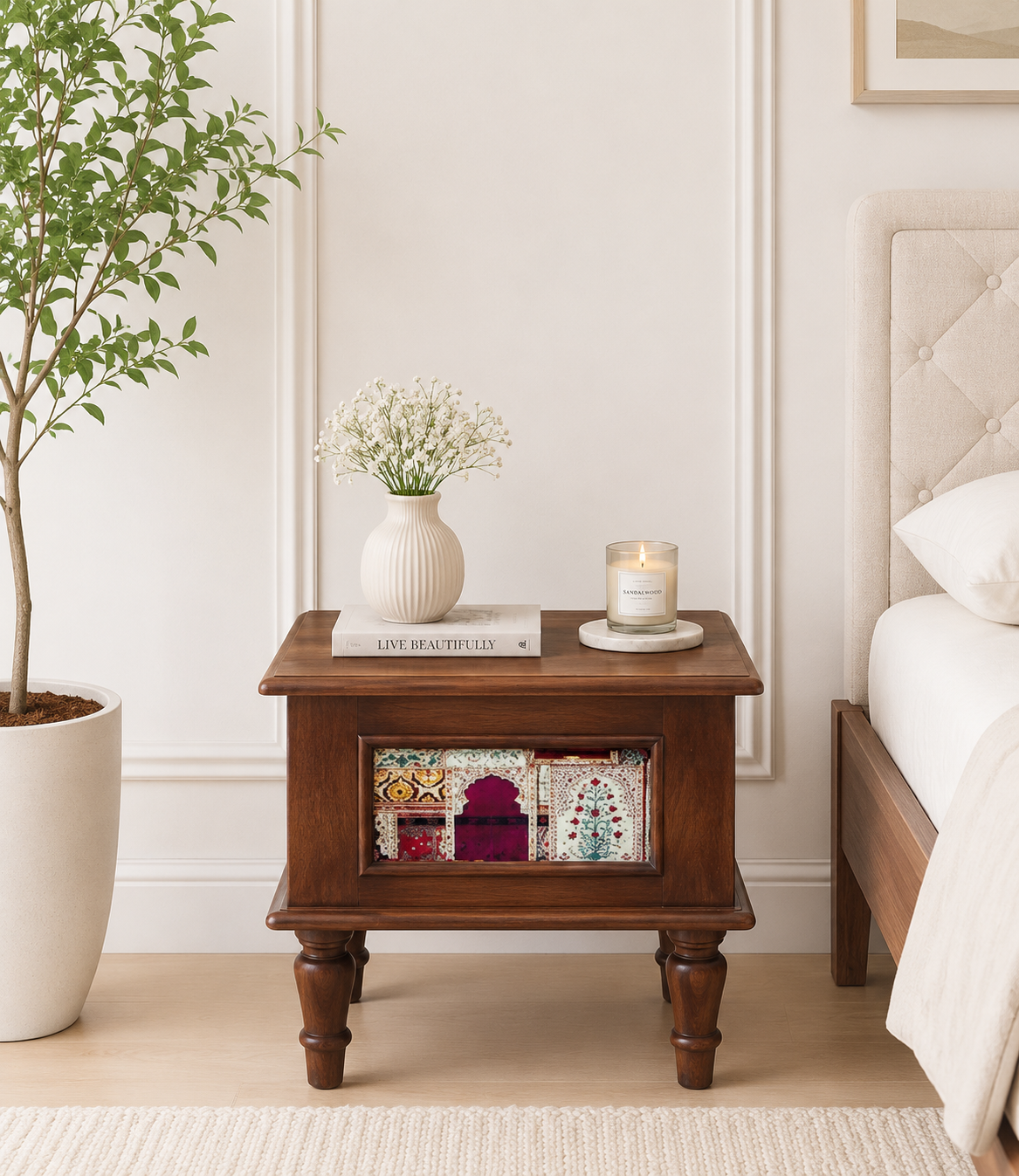 Kustin Wooden Bedside Table with Drawer & Open Shelf
