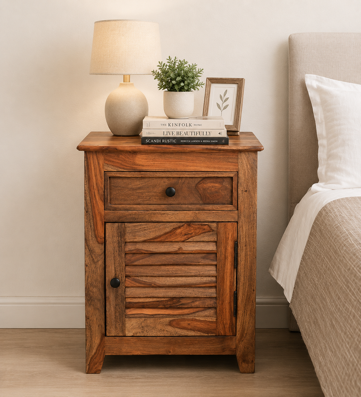 Sivaroa Luxury Solid Wood Bedside Cabinet in Teak Finish