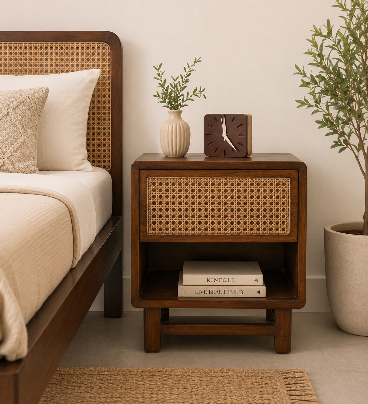 Oarvanta Solid Wood Bedside Table with Open Shelf Design
