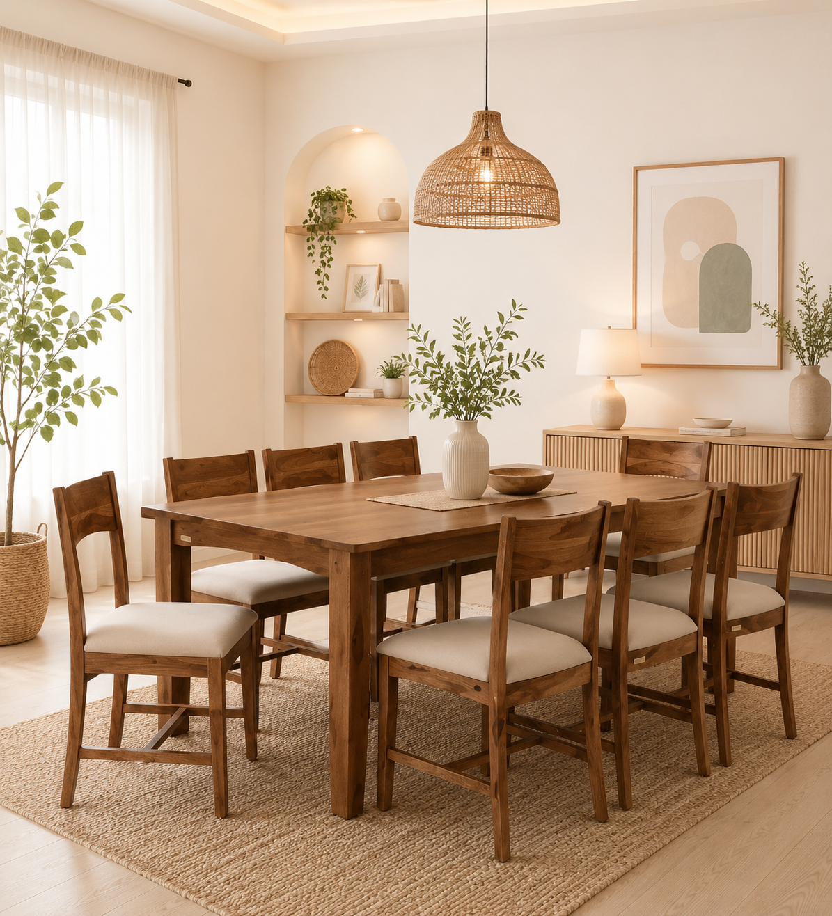 Fstario Classic Sheesham Wood 8 Seater Dining Table with Bench & Chairs