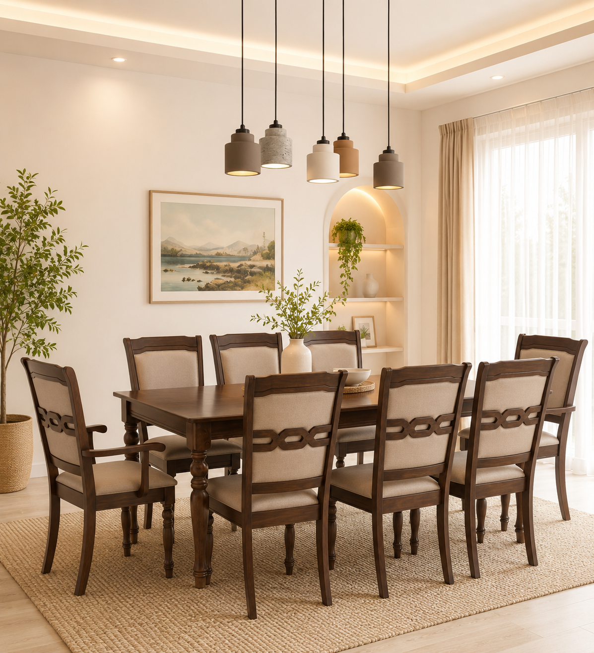Mlvanto Premium 8 Seater Dining Table Set in Rich Teak Finish