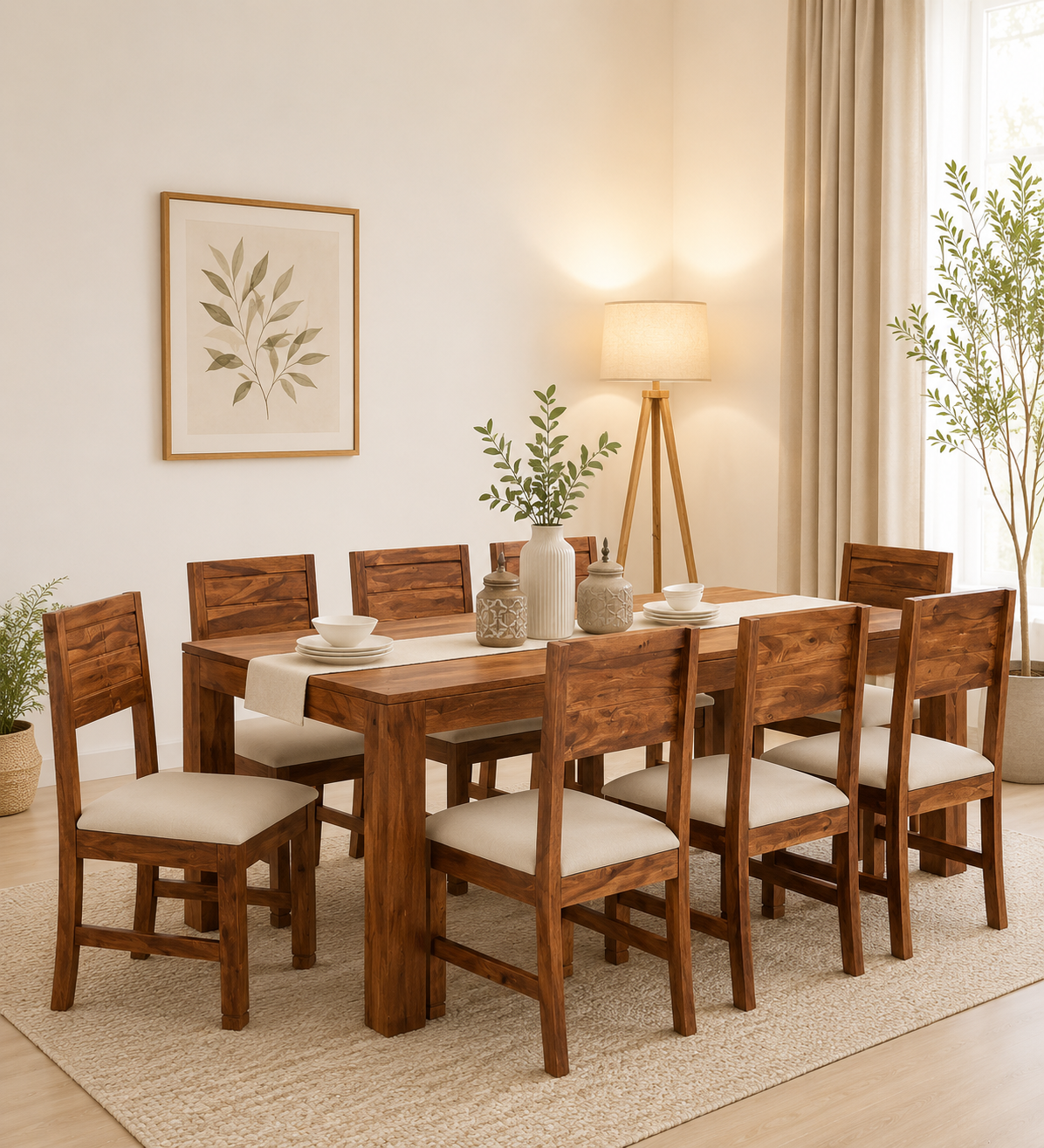 Vorvick Handcrafted 8 Seater Wooden Dining Set with Elegant Design
