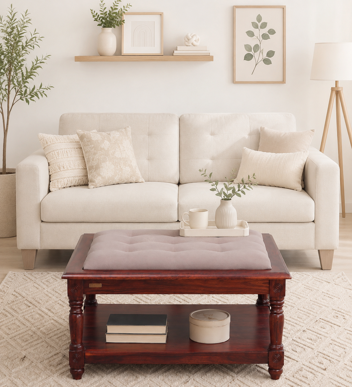 Birchwood Round Coffee Table with Wicker Shelf in White