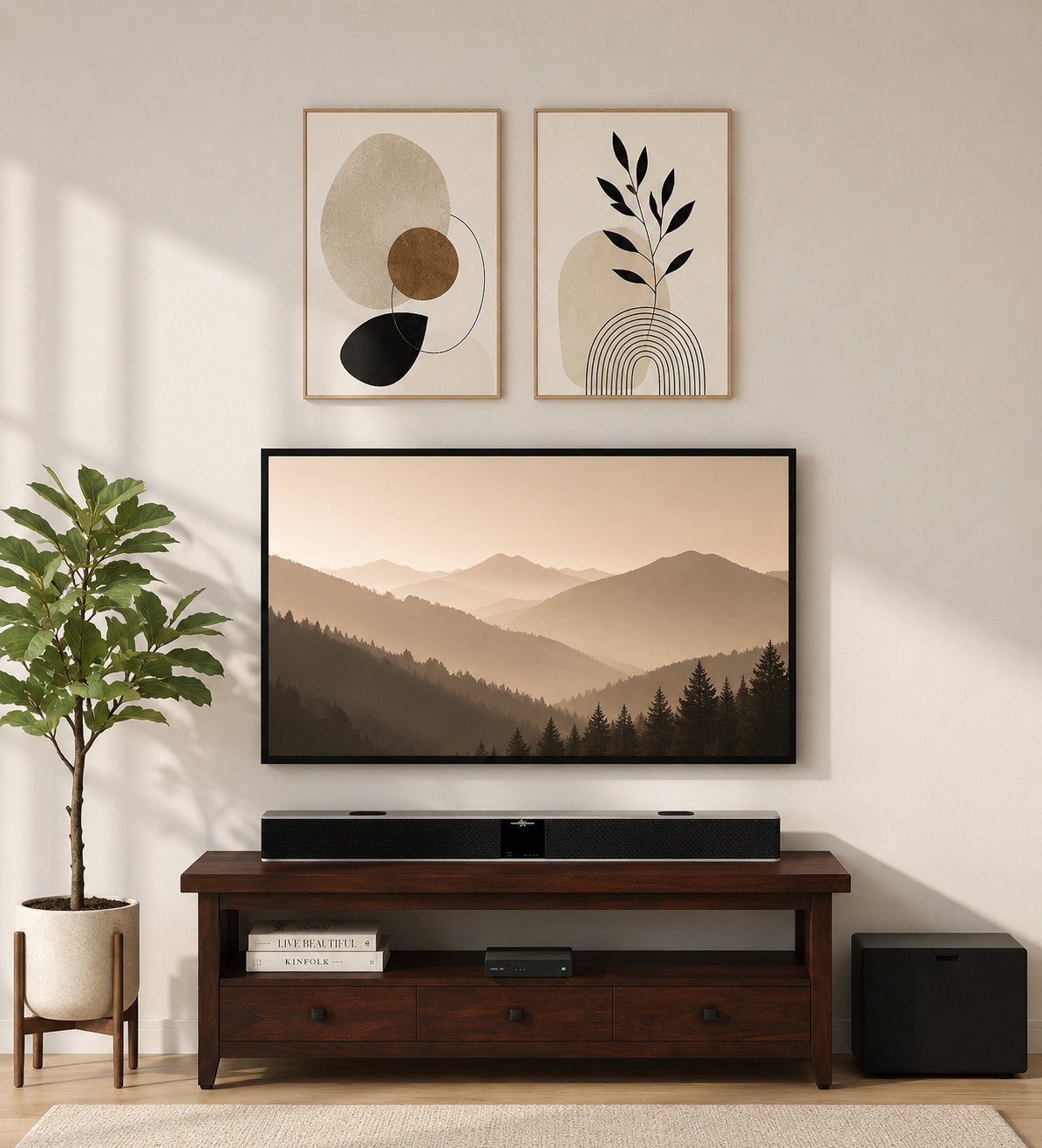 Driftara Solid Wood TV Unit with Open Shelves in Warm Walnut Finish