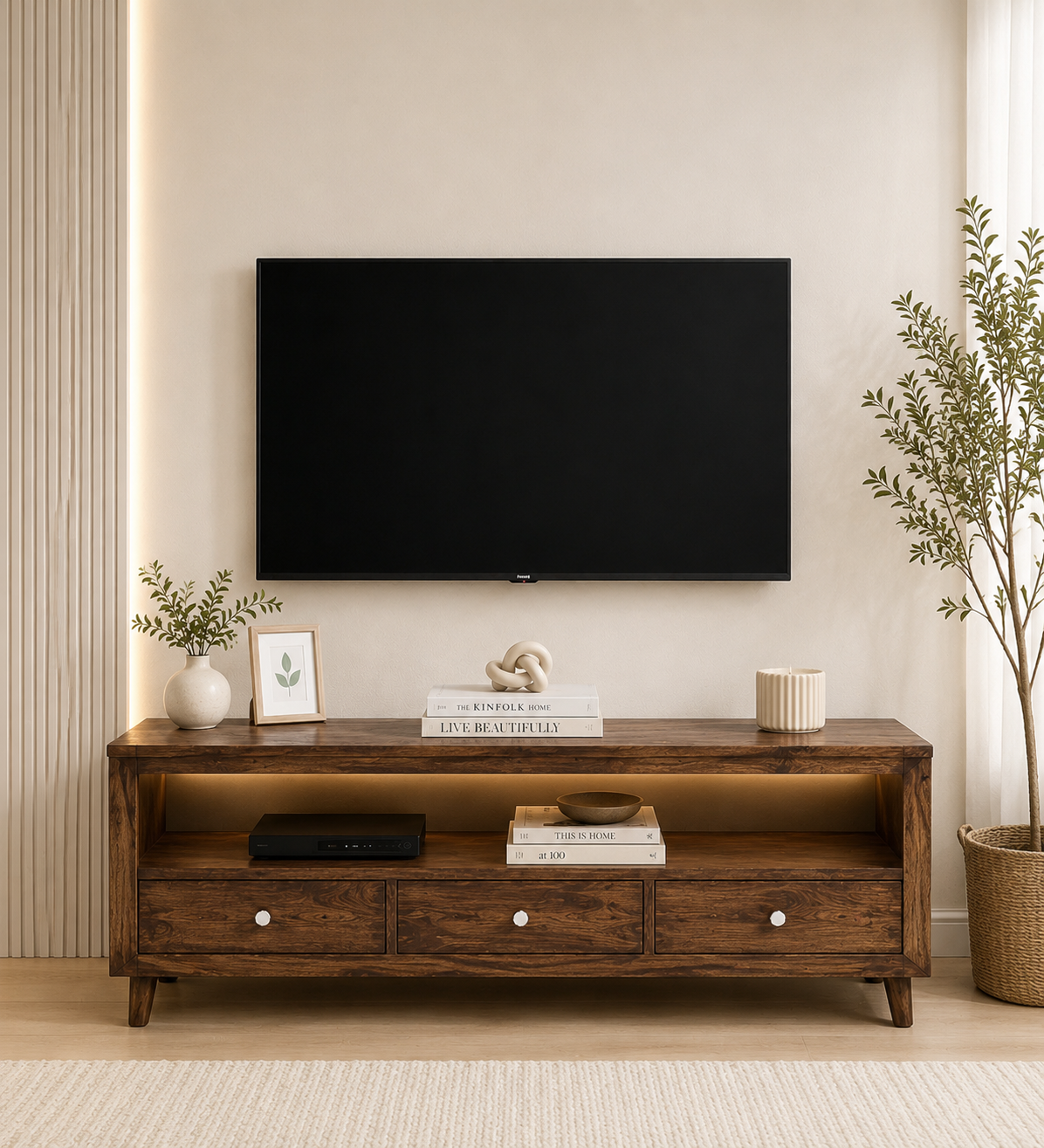Woodmira Mango Wood TV Unit with 2 Cabinets and Open Display Shelf