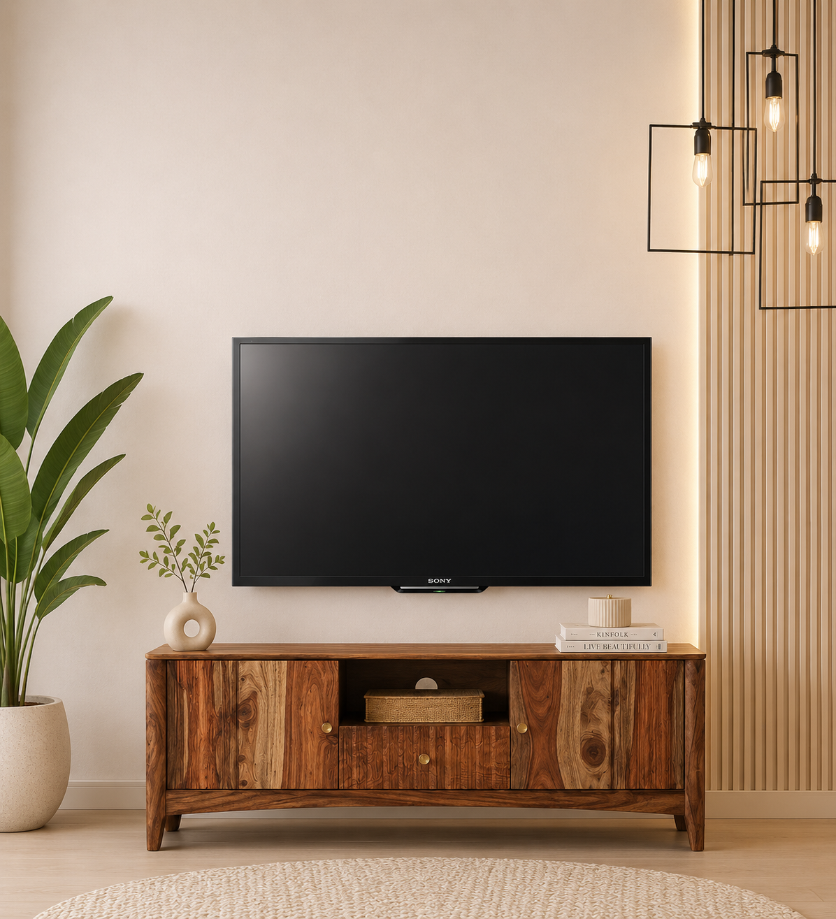 Nestara Solid Wood TV Cabinet with Glass Shutter Doors in Warm Chestnut