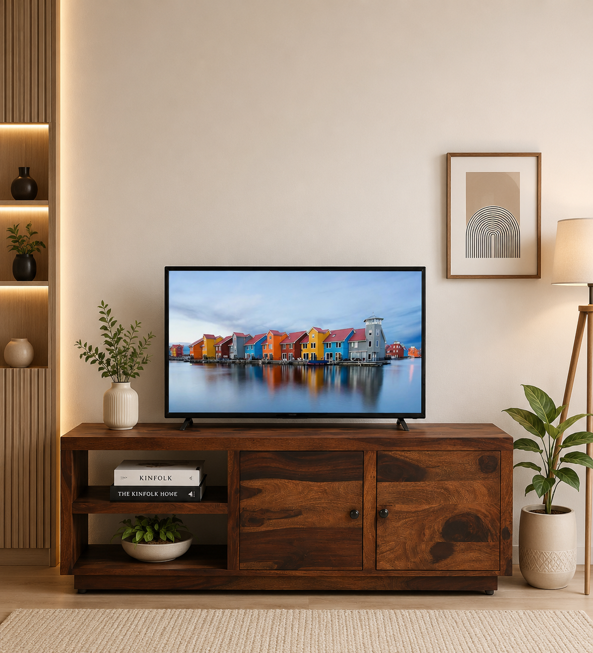 Caswell Engineered Wood TV Unit with Side Cabinets and Mesh Door in Walnut