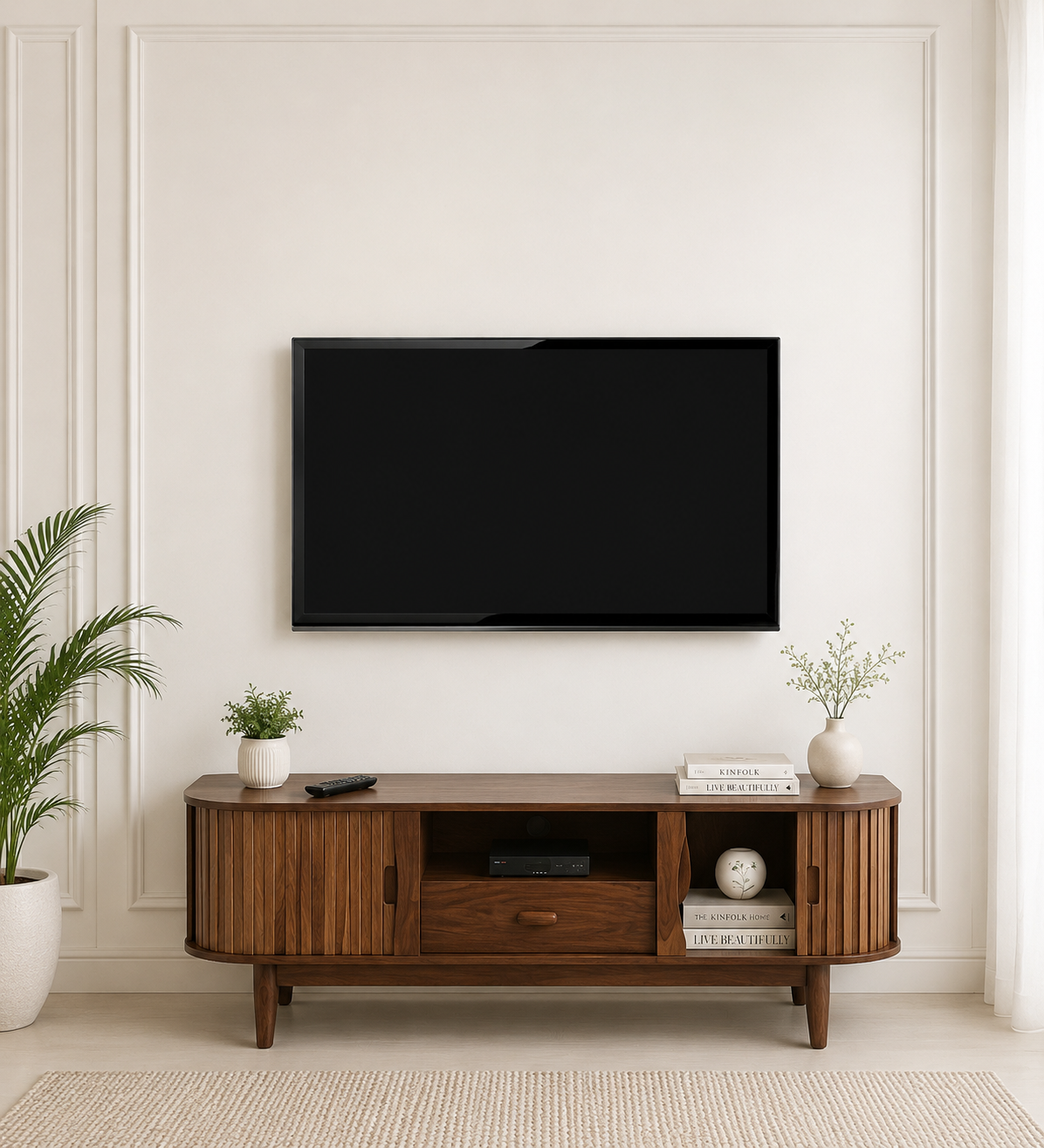 Imperva Solid Wood TV Stand with Fluted Panel Doors and Satin Gold Handles